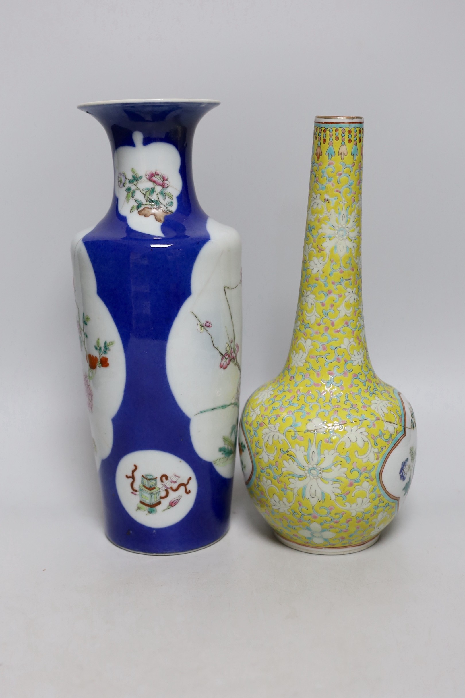 Two late 19th century Chinese porcelain vases, 31cm high, a/f